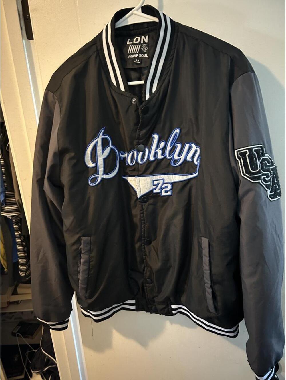 LDN Brave Soul Black and gray varsity jacket with white trim, size M
